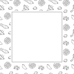 sausage frame. doodle grill sausage square frame. hand drawn sausage frame background. grill sausage background