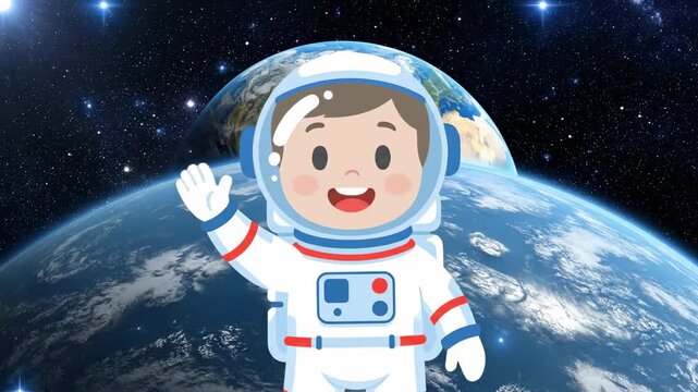 Cartoon Astronaut Waving in Space - A cartoon astronaut is floating in space, waving with a big smile. Earth is in the background, with the starry cosmos surrounding it.