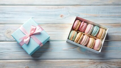 Pastel-colored macarons in a gift box on a wooden surface, a delightful present