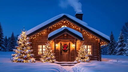 Cozy Winter Cottage Decorated for Christmas - A charming wooden cottage is adorned with twinkling lights and festive Christmas trees, creating a warm and inviting holiday scene.