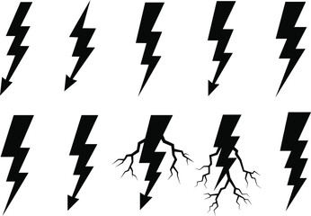Lightning Bolt Silhouette Vector Set Collection for Energy, Power, and Weather Design