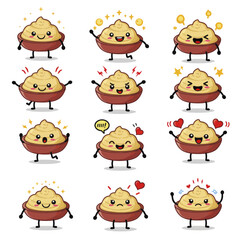 Cute Hummus Bowl Cartoon Mascot Character Emoticon Set.