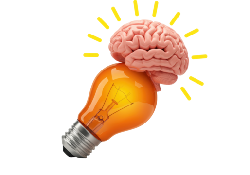Isolated Brain Idea light bulb concept, human creativity, mind power and innovation energy