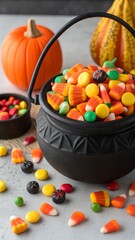 Naklejka premium A cauldron full of colorful halloween candies AI Generative