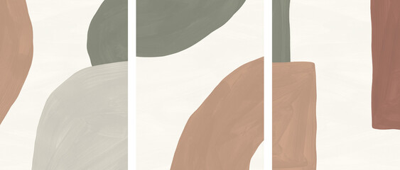 Abstract contemporary background set with organic forms and earthy colors. Modern gouache texture collection with paint brush strokes. Natural triptych design in terracotta, beige, sage green shades