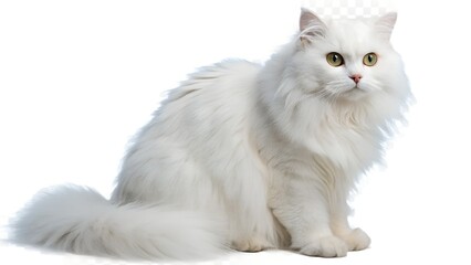 Obraz premium A white fluffy cat sits isolated on transparent background.