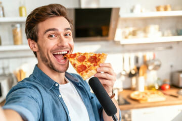 Smiling man holding slice of pepperoni pizza and microphone taking selfie in modern bright kitchen with cheerful expression