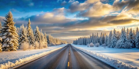 Winter Wonderland Road Trip A Scenic Drive Through a Snow-Covered Forest at Golden Hour
