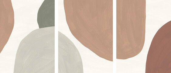 Modern abstract gouache texture collection with paint brush strokes. Contemporary background set with organic forms and earthy colors. Art triptych design in terracotta, beige, sienna, green shades