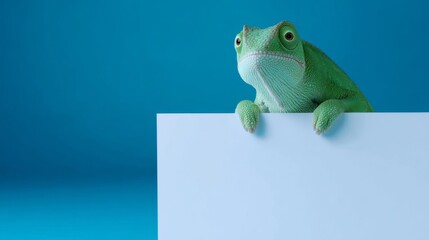 A cheerful green frog peeks over a blank white sign in a bright blue background. This fun, vibrant image captures attention and evokes curiosity. Perfect for nature lovers and creative projects. AI