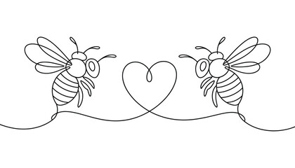 Minimalist line drawing of two bees facing each other with heart shape between them, symbolizing love, unity, nature, and emotional connection