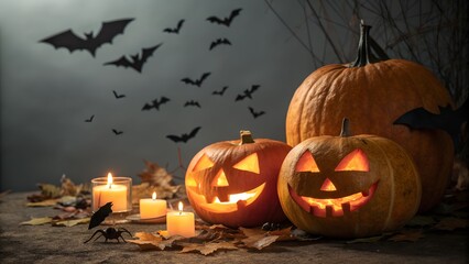 Halloween Pumpkins with Candles and Bats on Dark Background