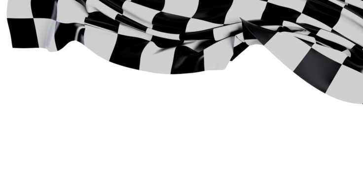 Dynamic rendering of a checkered racing flag with flowing fabric. Perfect for concepts like speed, competition, and victory, set against a clean