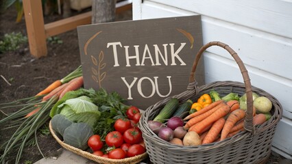 A basket of vegetables with a sign that says Thank You on it