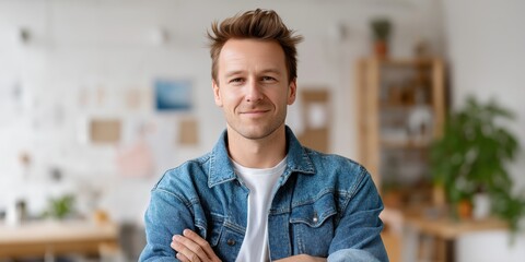 Young man in denim jacket smiling confidently in creative workspace during daytime.
