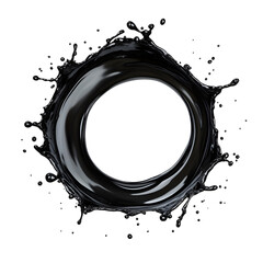 Black liquid splash forming a circular shape on white isolated on a transparent background
