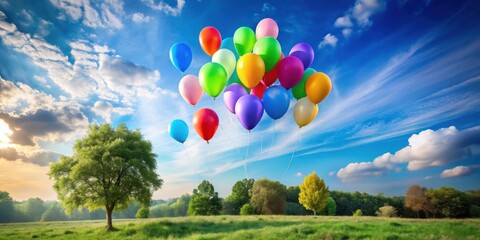A cluster of colorful balloons ascends against a vibrant sky, drifting over a serene landscape of lush green fields and trees, a picturesque scene of joy and freedom.