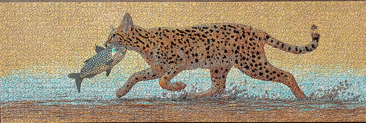 A playful orange tabby cat dashes through the rain with a fish clutched in its mouth, showcasing its hunting skills against a rustic backdrop, banner