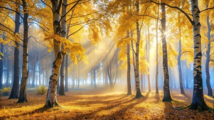Golden Sunlight Filtering Through Autumnal Birch Forest, Creating a Magical and Serene Atmosphere