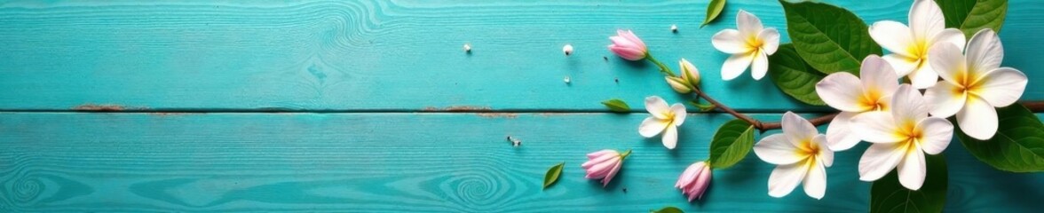 Fragrant jasmine blossoms & leaves scattered on turquoise wood , calm, spring, aroma