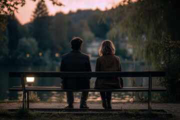 Couple sitting on bench by lake at sunset