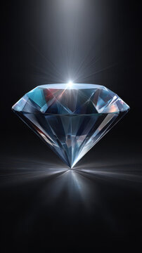 A gleaming diamond with brilliant facets reflects light on a dark surface creating a stunning visual representation of luxury, wealth and endu beauty.