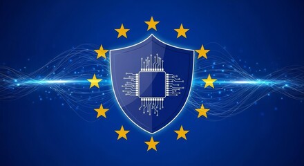 Digital sovereignty in Europe symbolized by a secure processor shield and EU flag