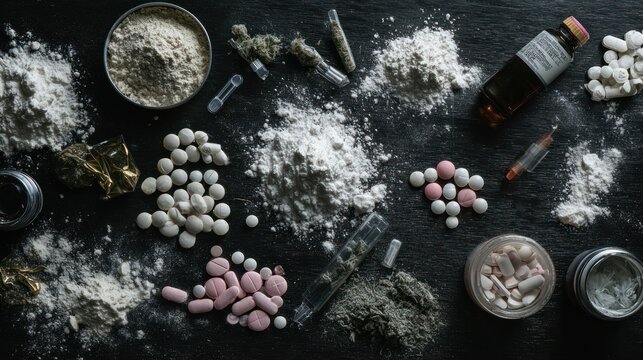 A dark surface displays various illicit substances powders, pills, liquids, and paraphernalia