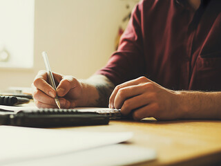 Close-up photograph of a person's hands holding a pen and writing on paper, with a calculator and other objects on the desk