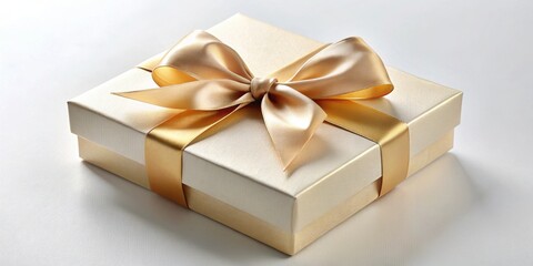 Obraz premium Elegant Cream Gift Box with Golden Ribbon Bow, Perfect for Special Occasions