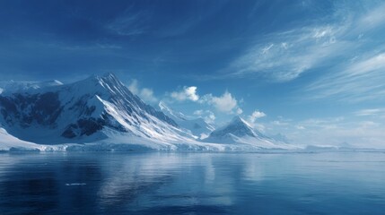 Majestic mountains loom over a serene blue sea. The icy peaks reflect in the calm water below. A perfect scene for nature lovers and adventure seekers. Explore the beauty of this unique landscape. AI