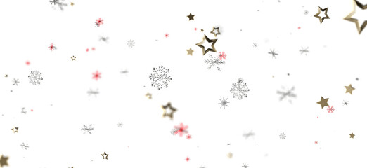 Winter background with falling snowflakes and golden stars on a white background. Ideal for Christmas, New Year and winter season designs.