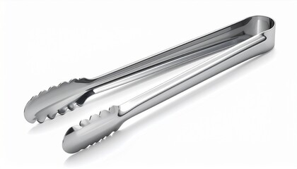 Close-up shot of a shiny, stainless steel pair of tongs, perfect for serving.