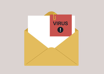 A yellow envelope with a white letter shows a malware attachment symbol, This visual highlights cybersecurity risks posed by seemingly innocent email communications.