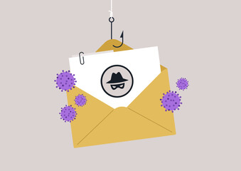 a phishing hook snagging a letter with a malware symbol, This artwork highlights the threat posed by dangerous attachments in emails