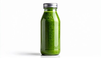 A vibrant green smoothie in a clear glass bottle with a silver lid, isolated on a white background.