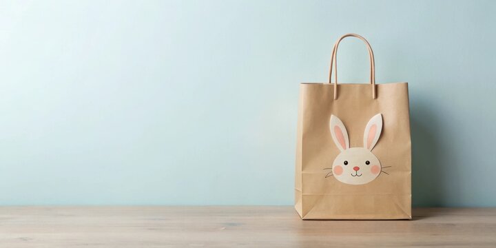 A charming kraft paper gift bag featuring an adorable bunny face sits on a light wood surface against a serene pale blue backdrop