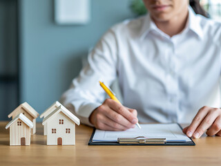 Fototapeta premium A person in a white shirt signs a contract on a clipboard with a yellow pen, next to small wooden house models on a wooden desk, representing real estate or property business transactions