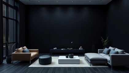 Sleek black wall, minimalist modern living room, dark interior design,   dark interior,  space