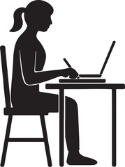 Silhouette of a young woman sitting at a desk focused on her laptop and writing with a pen representing learning and work
