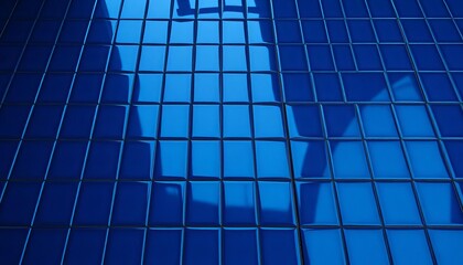 Obraz premium Sleek dark blue glossy tiles, reflective surface, grid pattern, dark blue tiles, backdrop