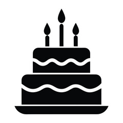 Vector icon of birthday cake silhouette with candles isolated on white background.