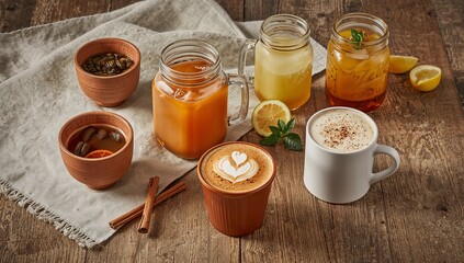 Assorted Drinks, colorful selection of beverages including coffee, tea, juice, smoothies, and sparkling water, styled in studio setup with clean modern aesthetic