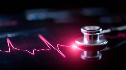 A close-up view of a stethoscope placed on a digital heartbeat monitor. The soft glow of the monitor enhances the health theme. Ideal for medical content and healthcare marketing. AI