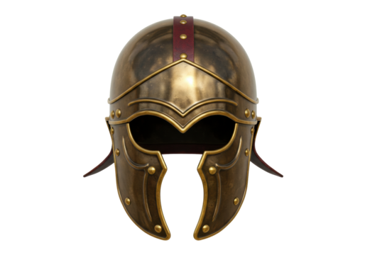 Isolated Roman Helmet, Bronze Color Metallic Armor, Ancient Protective Headwear Antique