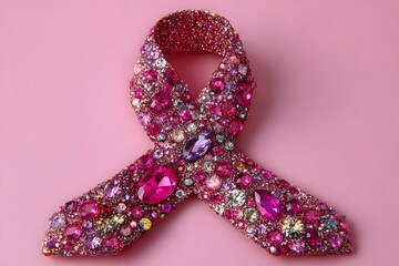 Pink ribbon made of sparkling pink gemstones symbolizing breast cancer awareness, elegant representation of hope, strength, and support on a soft pastel background