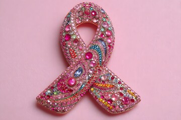 Pink ribbon made of sparkling pink gemstones symbolizing breast cancer awareness, elegant representation of hope, strength, and support on a soft pastel background