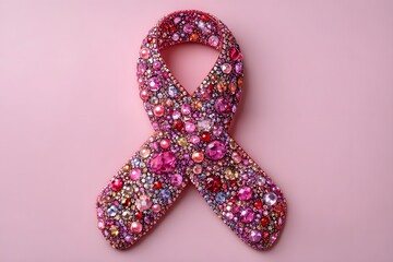 Pink ribbon made of sparkling pink gemstones symbolizing breast cancer awareness, elegant representation of hope, strength, and support on a soft pastel background