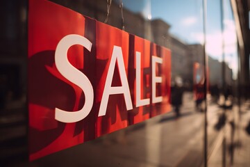 Close-up of a red tag with the word SALE written in bold white letters, retail discount concept, marketing promotion label, shopping and seasonal offer background for advertising and e-commerce