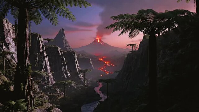 Volcanic eruption with lava flow in lush prehistoric jungle valley